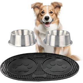BREKX Stainless Steel Pet Bowls with Non-Slip Waterproof Mat, Premium Rubber Floor Grip and Water Protection, Quiet Bottom, Easy to Clean/Food and Water Catching Prongs, Anti-Tip & Anti-Spill