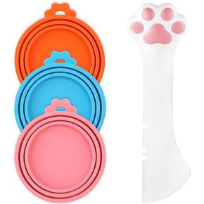 Boxob 3pcs يمكن أن يغطي طعام الحيوانات الأليفة مع ملعقة لطيفة ، يمكن لأغذية الحيوانات الأليفة السيليكون ، وأغذية القطط والكلاب الغطاء مع طعام الحيوانات الأليفة على شكل قطب للقطط للقطط والكلاب الجرار (3 ألوان)