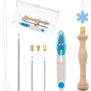 7 Pcs Punch Needle Kit Adjustable Easy Stitch Embroidery Punch Needle Tool Include 2.5mm/3.5mm/5mm Metal Needles Wooden Handle Embroidery Pen Set for Adults Beginner DIY Craft (Blue)