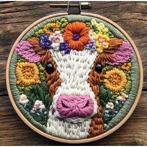 DIY Punch Needle Kits for Beginners Cute Cow with Hoop Punch Needle Starter Craft Embroidery Set Easy for Adults and Children Festival Gift and Decoration 20x20cm-1