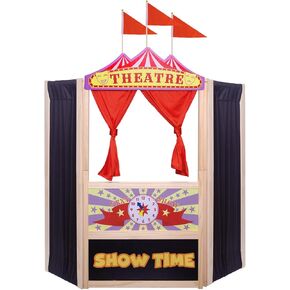Puppet Theater,Large Size 44 Inch X 45 Inch,Wooden Puppet Theater,Double Doors with Curtains,Blackboard and Clocks,12 Piece Colorful Chalks Included