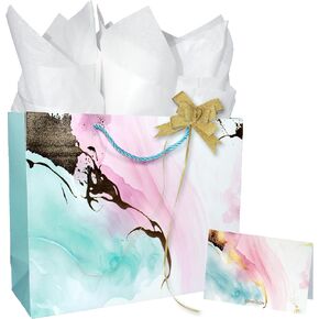 AOKELEON 12.6" Teal and Pink Gift Bag Set with Gold Foil, Tissue Paper, Greeting Card and Pull Bow for Women's Birthday, Mother's Day, Valentine's Day, Weddings, Parties