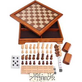 GSE Games & Sports Expert Wooden 7-in-1 الشطرنج ، والفحص ، والبلاش ، والدومينو ، ولوحة Cribbage ، و Card Card & Poker Dice Game Set (Deluxe)
