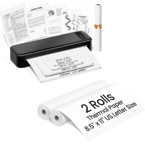 Wireless Portable Thermal Printer Black & 2 Rolls 8.5" x 11" US Letter Thermal Paper