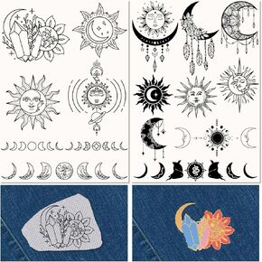CRASPIRE 2 Sheets Sun Moon Phase Water Soluble Embroidery Patterns Stabilizers Boho Crystal Hand Sewing Stick and Stitch Transfers Fabric Wash Away Pre-Printed Self Adhesive for Cloth Sewing Lovers