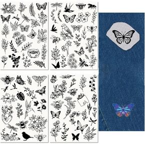 CRASPIRE 4 Sheets Flowers Butterfly Bee Water Soluble Embroidery Stabilizers 89Pcs Patterns Hand Sewing Stick and Stitch A4 Transfers Fabric Wash Away Printed Self Adhesive for Cloth Sewing Lovers