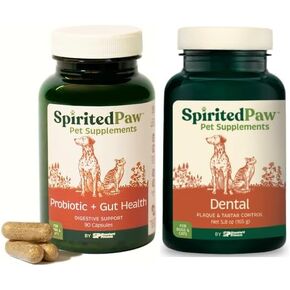 Pet Wellness Bundle - Dental & Probiotic Support for Cats and Dogs - Teeth Powder & Gut Health Capsules for Oral and Digestive Health - 165 g Powder & 90 Capsules