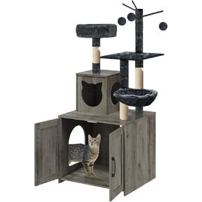 Cat Tree with Litter Box, Wood Litter Box Enclosure with Food Station, Modern Cat Tower for Indoor Large Cats with Large Platform,Cat Condo with Scratching Posts, Hammock, Caves, Basket,Grey in Kuwait