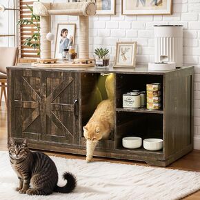 Cat Litter Box Enclosure, Hidden Litter Box Furniture Cabinet with Storage, Cardboard, Light, Wood Indoor Cat House Washroom, Farmhouse Style, 43.3 * 19.7 * 21.1 inches, Antique White