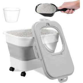 Collapsible Cat Litter Storage Bin Container with Airtight Lids, Portable Cat Litter Storage Container with Wheels, Kitchen Cereal Rice Leakproof Sealable