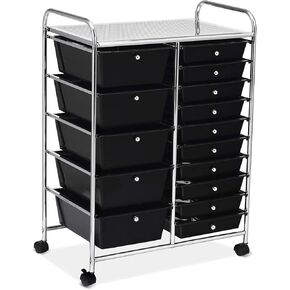 15-Drawer Storage Cart, Mobile Rolling Utility Cart w/Wheels, Multipurpose Organizer Cart for Tools, Scrapbook, Paper, Ideal for Home Office School (Black)