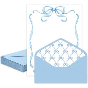 Whaline 30 Pack Blue Bow Stationery Paper Set Coquette Bowknot Letter Writing Paper with Envelopes for Birthday Baby Shower Invitation Office Printing, 8.5 x 11 Inch