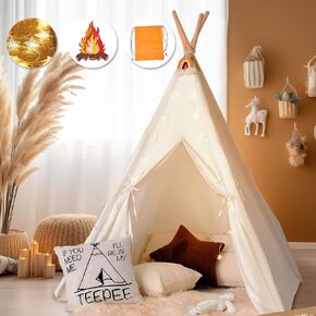 little dove Teepee Tent for Kids Foldable Teepee Play Tent with Carry Case, Banner, Fairy Lights, Olives Branches, Four Poles Style Raw White Color - New Version Tiny House