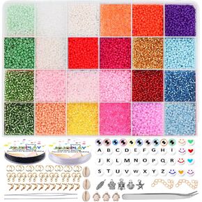 ​Glass Seed Beads 21916Pcs ​Tiny Beads for DIY Crafting & Jewelry Making Supplies with Pendants, Letter Beads, ​Waist Beads | 0.5mm Bracelet String | 24 Vibrant Colors (2mm, 900pcs/Color)