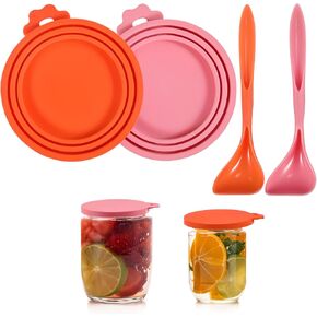 2Pack Pet Food Can Lids, Silicone Cat Food Lids,Can Covers for Cat Foods, Fit 3 Different Size Standards,with 2 Spoons, Fits Most Cats And Dogs Cans,Orange & Pink