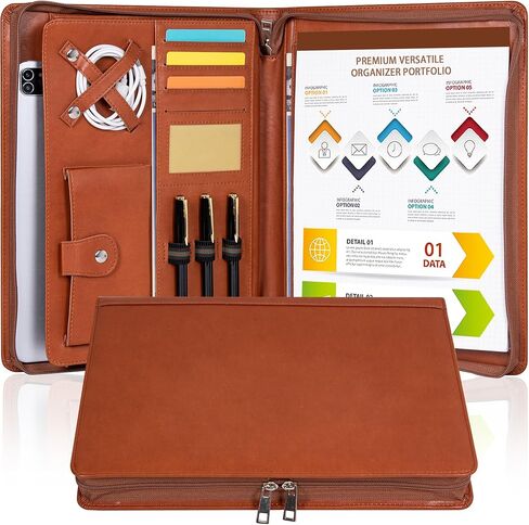 Portfolio Binder with Zipper, Vegan Pu Leather Padfolio for Men and Women, Business Document Organizer with A4 Letter Sized Writing Pad Holder, Laptop Pocket,and Business Card（Brown） in Kuwait