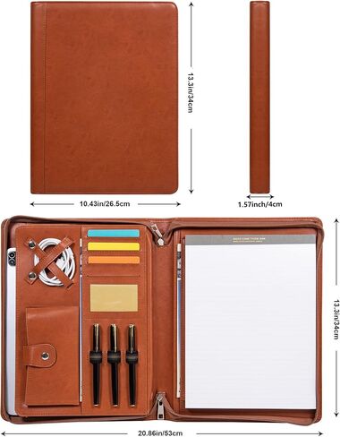 Portfolio Binder with Zipper, Vegan Pu Leather Padfolio for Men and Women, Business Document Organizer with A4 Letter Sized Writing Pad Holder, Laptop Pocket,and Business Card（Brown） in Kuwait
