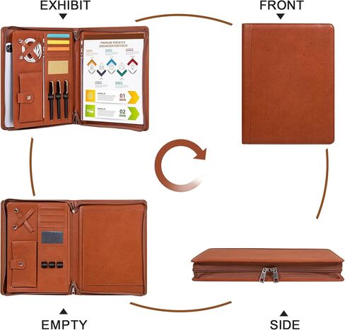 Portfolio Binder with Zipper, Vegan Pu Leather Padfolio for Men and Women, Business Document Organizer with A4 Letter Sized Writing Pad Holder, Laptop Pocket,and Business Card（Brown） in Kuwait