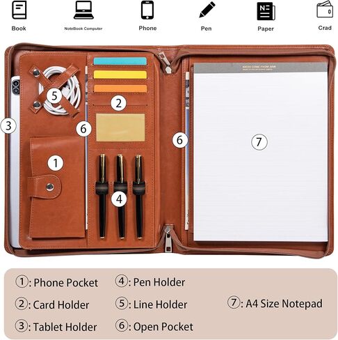 Portfolio Binder with Zipper, Vegan Pu Leather Padfolio for Men and Women, Business Document Organizer with A4 Letter Sized Writing Pad Holder, Laptop Pocket,and Business Card（Brown） in Kuwait