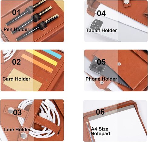 Portfolio Binder with Zipper, Vegan Pu Leather Padfolio for Men and Women, Business Document Organizer with A4 Letter Sized Writing Pad Holder, Laptop Pocket,and Business Card（Brown） in Kuwait