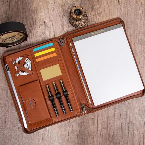 Portfolio Binder with Zipper, Vegan Pu Leather Padfolio for Men and Women, Business Document Organizer with A4 Letter Sized Writing Pad Holder, Laptop Pocket,and Business Card（Brown） in Kuwait