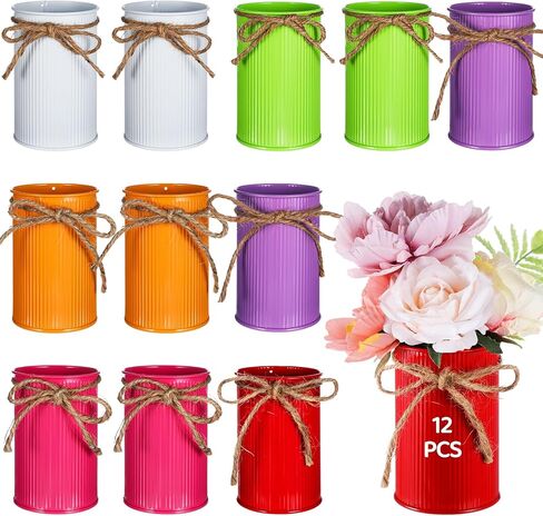 16PCS White High Farmhouse Vase, Galvanized Metal Vases,4.33 inch Decor Vintage Flower Vase with Twine Bow, French Flower Bucket，Rustic Farmhouse Vases for Home Decor Wedding Table in Saudi Arabia