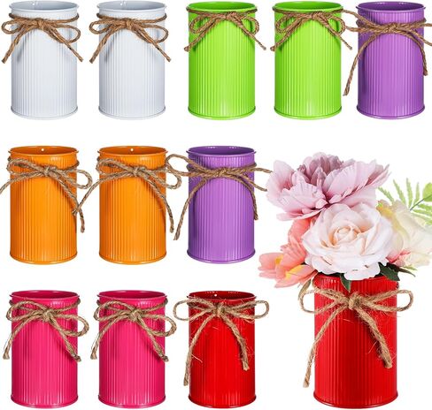 16PCS White High Farmhouse Vase, Galvanized Metal Vases,4.33 inch Decor Vintage Flower Vase with Twine Bow, French Flower Bucket，Rustic Farmhouse Vases for Home Decor Wedding Table in Saudi Arabia