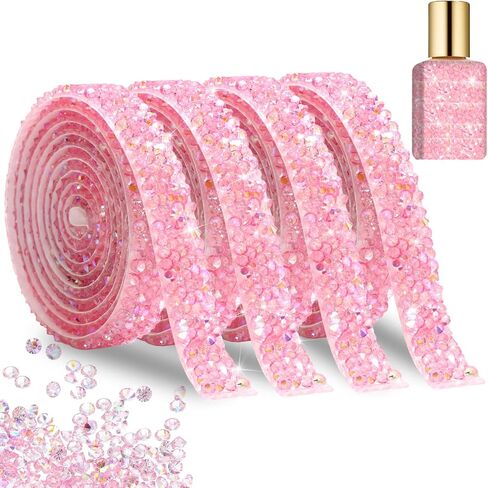 FULZTEY Bling Crystal Rhinestone Ribbons,Pink AB Diamond Strips for DIY Crafts,1 CM Wide Rhinestone Tape Stickers,4 Yards Bling Rhinestone Strips Adhesive for Clothes Wedding Parties Decoration in Kuwait