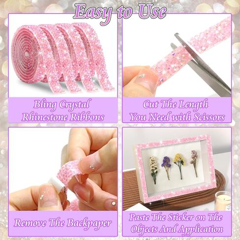 FULZTEY Bling Crystal Rhinestone Ribbons,Pink AB Diamond Strips for DIY Crafts,1 CM Wide Rhinestone Tape Stickers,4 Yards Bling Rhinestone Strips Adhesive for Clothes Wedding Parties Decoration in Kuwait