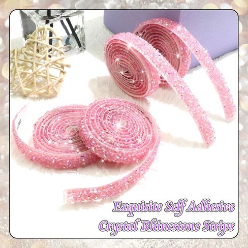 FULZTEY Bling Crystal Rhinestone Ribbons,Pink AB Diamond Strips for DIY Crafts,1 CM Wide Rhinestone Tape Stickers,4 Yards Bling Rhinestone Strips Adhesive for Clothes Wedding Parties Decoration in Kuwait
