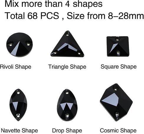 Rhinestones for Crafting,Black Glass Flatback Rhinestones 8MM-28MM 68PCS Mix Shape Crystals Gems for Crafts DIY Sew On Rhinestone for Dress Jewelry Shoes Design Art in Kuwait