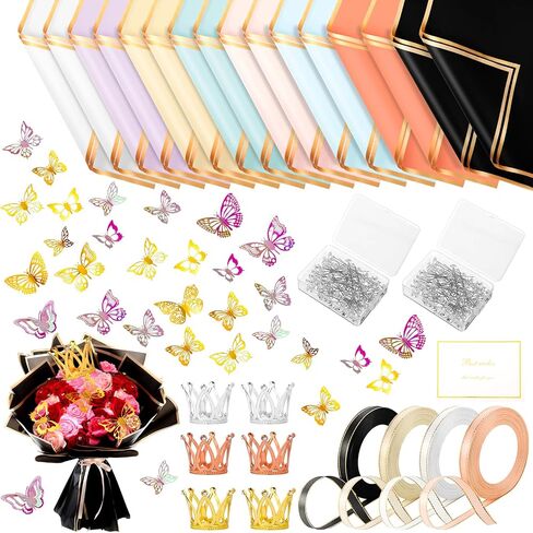 382 Pcs Flower Wrapping Paper, 80 Sheets Waterproof Flower Bouquet Wrapping Paper with 72 Pcs 3D Butterfly Decor 6 Pcs Crown 200 Bouquet Pins 4 Roll of Ribbons for Mother's Day Wedding DIY Craft in Saudi Arabia
