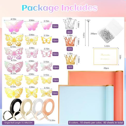 382 Pcs Flower Wrapping Paper, 80 Sheets Waterproof Flower Bouquet Wrapping Paper with 72 Pcs 3D Butterfly Decor 6 Pcs Crown 200 Bouquet Pins 4 Roll of Ribbons for Mother's Day Wedding DIY Craft in Saudi Arabia