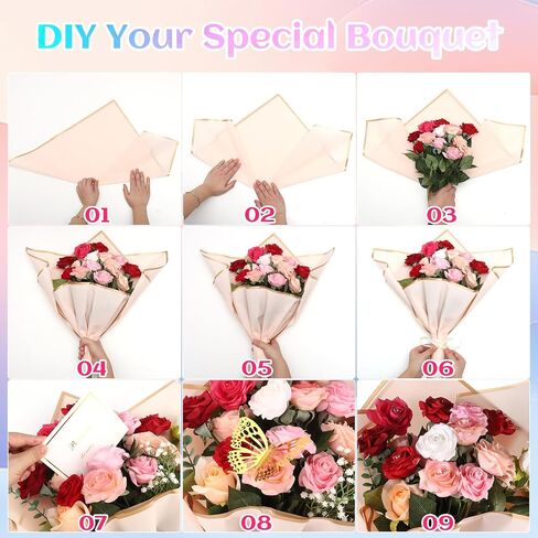 382 Pcs Flower Wrapping Paper, 80 Sheets Waterproof Flower Bouquet Wrapping Paper with 72 Pcs 3D Butterfly Decor 6 Pcs Crown 200 Bouquet Pins 4 Roll of Ribbons for Mother's Day Wedding DIY Craft in Saudi Arabia