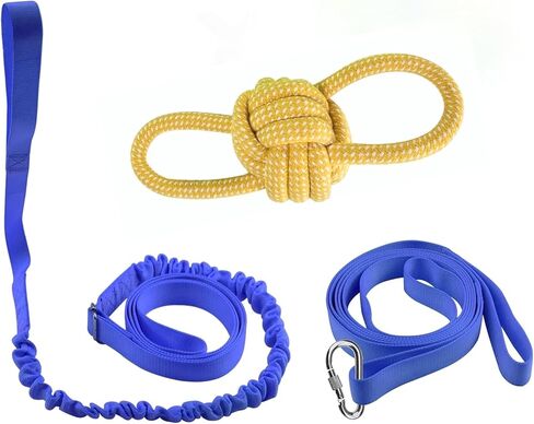 Dog Bungee Tug Toy, Hanging Tether Tug of War for Various of Dogs to Exercie and Play, Outdoor Retractable Dog Rope with Cotton Chew Toy (Blue Strap) in Saudi Arabia