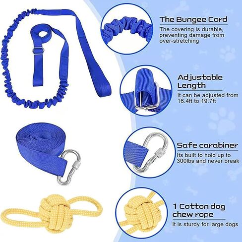 Dog Bungee Tug Toy, Hanging Tether Tug of War for Various of Dogs to Exercie and Play, Outdoor Retractable Dog Rope with Cotton Chew Toy (Blue Strap) in Saudi Arabia