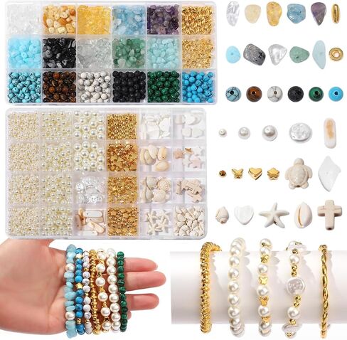 2100Pcs Jewelry Making Kits for Adults Women with Pearl Beads Crystal Beads Shell & Turquoise, 20 Colors beads with Gold Beads Beading Kit for Bracelets, Necklace, Ring DIY Crafts Jewelry Making Kit in Kuwait