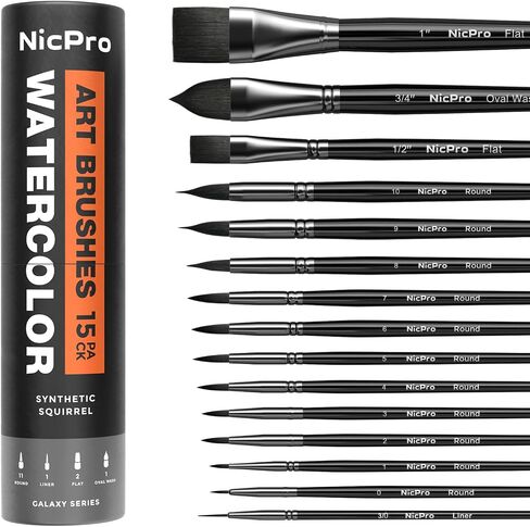 Nicpro 15PCS Watercolor Brushes Set, Soft Synthetic Squirrel Paint Brushes, Professional Water Color Paint Brush, Round, Cat Tongue, Liner, Flat, Wash for Artists, Adult, Watercolor, Inks, Gouache in Kuwait