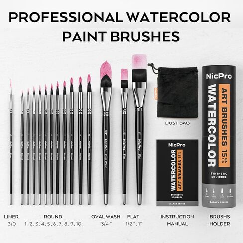 Nicpro 15PCS Watercolor Brushes Set, Soft Synthetic Squirrel Paint Brushes, Professional Water Color Paint Brush, Round, Cat Tongue, Liner, Flat, Wash for Artists, Adult, Watercolor, Inks, Gouache in Kuwait