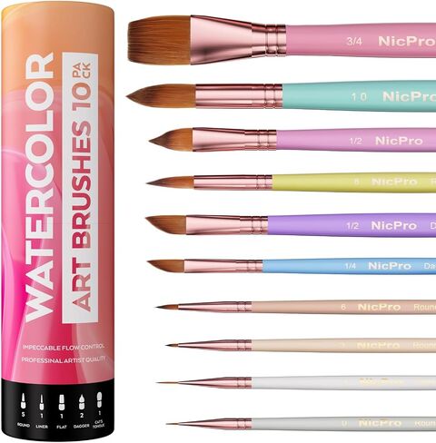 Nicpro 15PCS Watercolor Brushes Set, Soft Synthetic Squirrel Paint Brushes, Professional Water Color Paint Brush, Round, Cat Tongue, Liner, Flat, Wash for Artists, Adult, Watercolor, Inks, Gouache in Kuwait