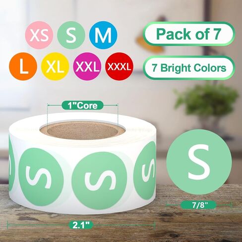 3500 Clothing Size Stickers, 7/8 Inch Round Self-Adhesive Size Sticker Labels, Colored Stickers with White Text, 7 Rolls, 7 Sizes XS, S, M, L, XL, XXL, XXXL for Clothing T-Shirt Retail in Kuwait