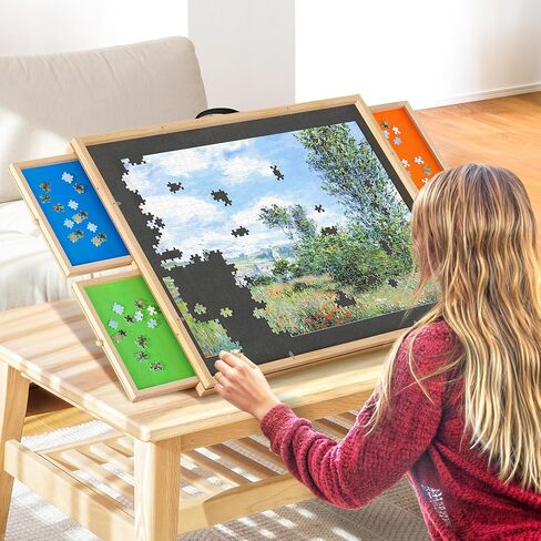 DWVO 2 in 1 Puzzle Board with Drawers, 1000 Pieces Tilting Puzzle Board with Spinning Lazy Susan, Rotating Puzzle Table with Drawers and Cover, Wooden Jigsaw Puzzle Table for Puzzle Enthusiasts in Saudi Arabia