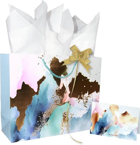 AOKELEON 12.6" Teal and Pink Gift Bag Set with Gold Foil, Tissue Paper, Greeting Card and Pull Bow for Women's Birthday, Mother's Day, Valentine's Day, Weddings, Parties in Saudi Arabia
