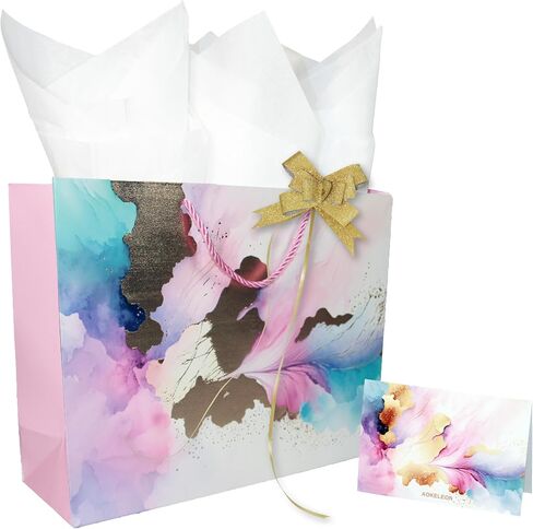 AOKELEON 12.6" Teal and Pink Gift Bag Set with Gold Foil, Tissue Paper, Greeting Card and Pull Bow for Women's Birthday, Mother's Day, Valentine's Day, Weddings, Parties in Saudi Arabia
