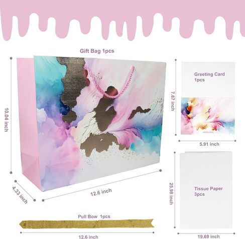 AOKELEON 12.6" Teal and Pink Gift Bag Set with Gold Foil, Tissue Paper, Greeting Card and Pull Bow for Women's Birthday, Mother's Day, Valentine's Day, Weddings, Parties in Saudi Arabia