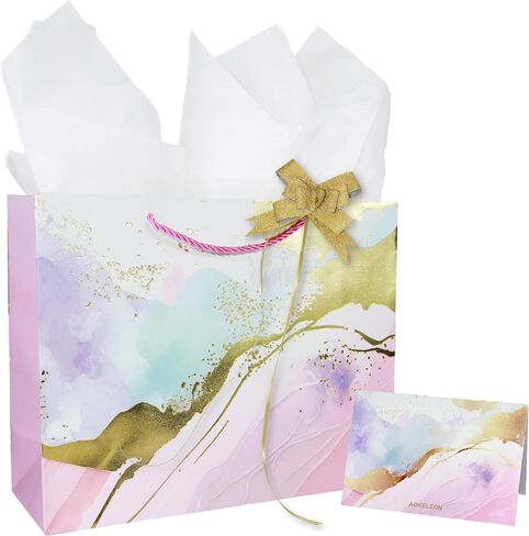 AOKELEON 12.6" Teal and Pink Gift Bag Set with Gold Foil, Tissue Paper, Greeting Card and Pull Bow for Women's Birthday, Mother's Day, Valentine's Day, Weddings, Parties in Saudi Arabia