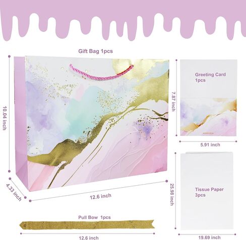AOKELEON 12.6" Teal and Pink Gift Bag Set with Gold Foil, Tissue Paper, Greeting Card and Pull Bow for Women's Birthday, Mother's Day, Valentine's Day, Weddings, Parties in Saudi Arabia