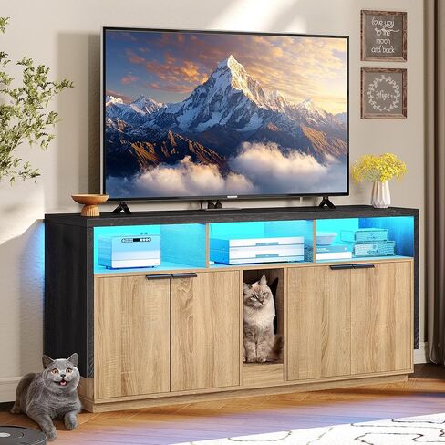 DWVO Cat Litter Box Enclosure for 2 Cats, Litter Box Furniture Hidden with Power Outlet & LED Light, Wooden Cat Cabinet TV Stand Furniture w Double Rooms for Indoor Cats, 59" L x15.7 W x27.5 H, Oak in Saudi Arabia
