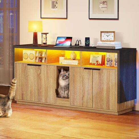 DWVO Cat Litter Box Enclosure for 2 Cats, Litter Box Furniture Hidden with Power Outlet & LED Light, Wooden Cat Cabinet TV Stand Furniture w Double Rooms for Indoor Cats, 59" L x15.7 W x27.5 H, Oak in Saudi Arabia