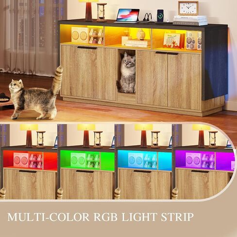 DWVO Cat Litter Box Enclosure for 2 Cats, Litter Box Furniture Hidden with Power Outlet & LED Light, Wooden Cat Cabinet TV Stand Furniture w Double Rooms for Indoor Cats, 59" L x15.7 W x27.5 H, Oak in Saudi Arabia